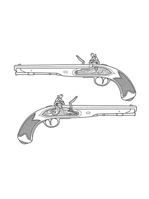 Black and white fine line gun tattoo design, outline stencil