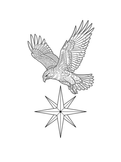 Black and grey fine line hawk and star tattoo design, outline stencil
