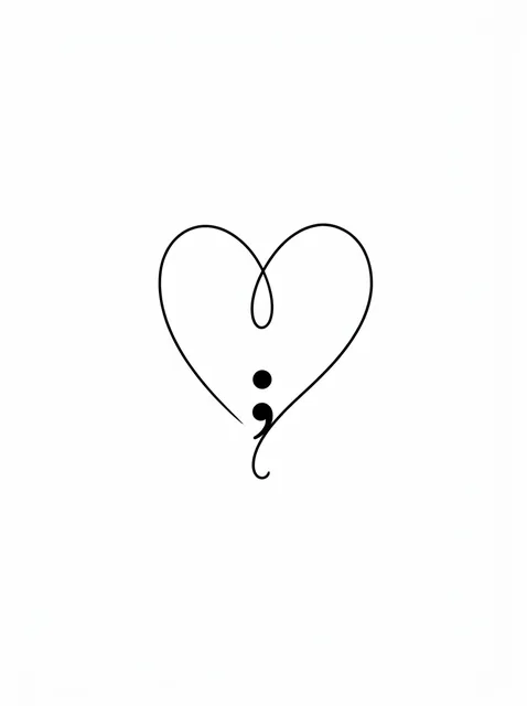Black and white fine line semicolon and heart tattoo design, outline stencil