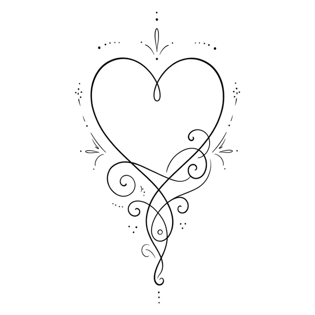 Black and white fine line heart tattoo design, outline stencil