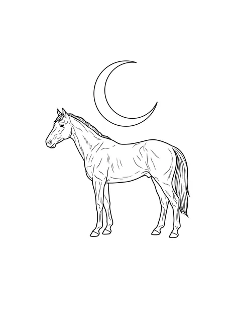 Black and white fine line horse and moon tattoo design, outline stencil
