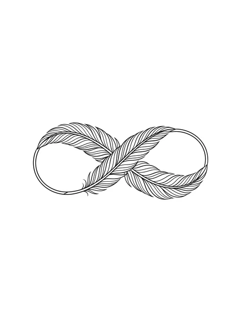 Black and white fine line infinity and feather tattoo design, outline stencil