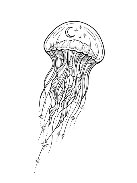 Black and white fine line jellyfish and moon tattoo design, outline stencil