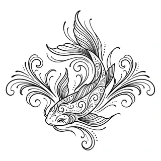 Black and white fine line koi tattoo design, outline stencil
