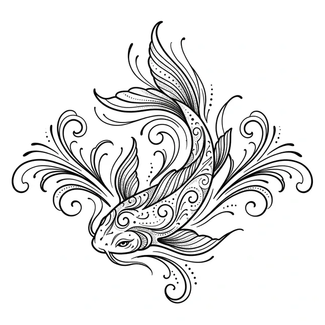 Black and white fine line koi tattoo design, outline stencil