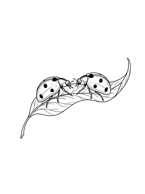 Black and white fine line ladybug and leaf tattoo design, outline stencil