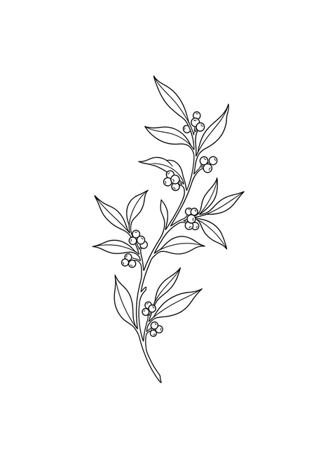 Black and white fine line leaf tattoo design, outline stencil