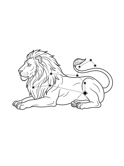 Black and white fine line leo and lion tattoo design, outline stencil: the Leo constellation