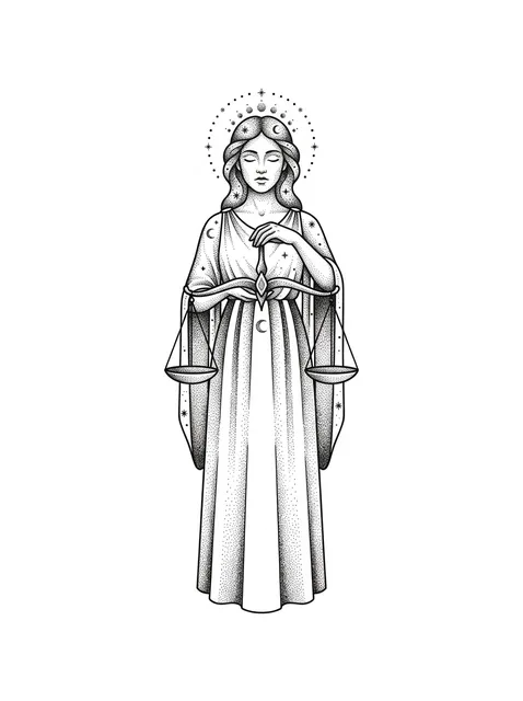 Black and grey fine line libra and woman portrait tattoo design, outline stencil