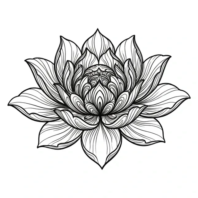 Black and white fine line lotus and flower tattoo design, outline stencil