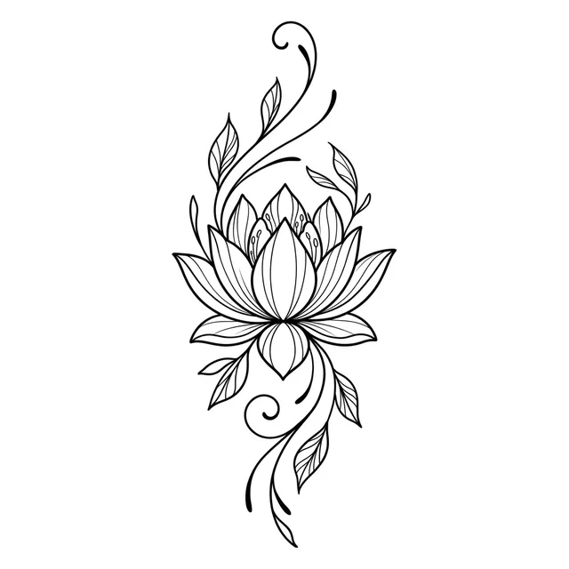 Black and white fine line lotus and leaf tattoo design, outline stencil