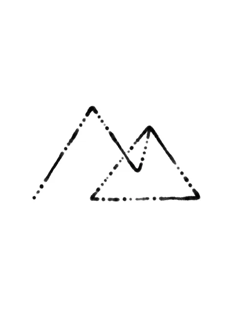 Black and white fine line mountain tattoo design, outline stencil: two overlapping mountain peaks