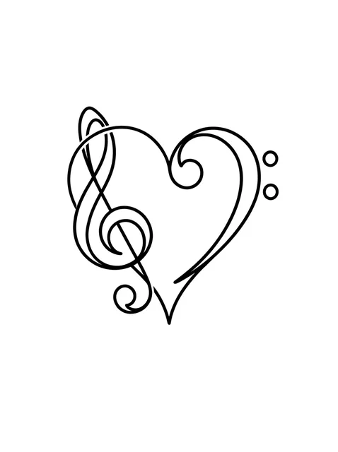Black and white fine line music note and heart tattoo design, outline stencil