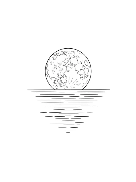 Black and white fine line ocean and moon tattoo design, outline stencil