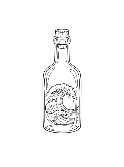 Black and white fine line ocean and wave tattoo design, outline stencil