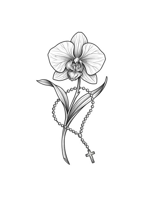 Black and grey fine line orchid and cross tattoo design, outline stencil