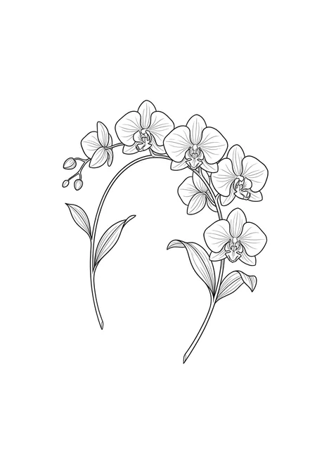 Black and white fine line orchid tattoo design, outline stencil: a few leaves