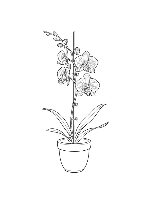 Black and white fine line orchid tattoo design, outline stencil