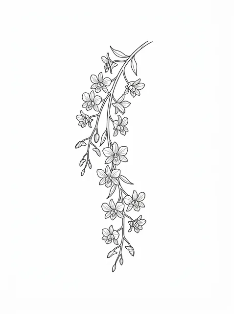 Black and white fine line orchid tattoo design, outline stencil