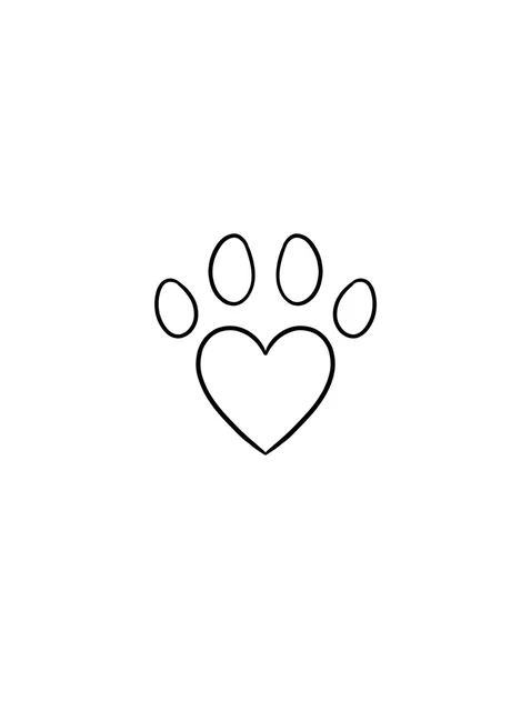 Black and white fine line heart and paw tattoo design, outline stencil