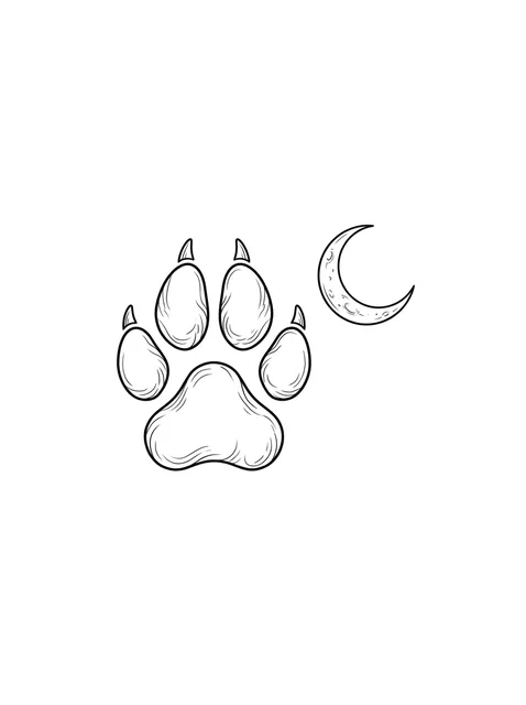 Black and white fine line paw and moon tattoo design, outline stencil