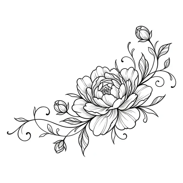Black and white fine line peony and flower tattoo design, outline stencil