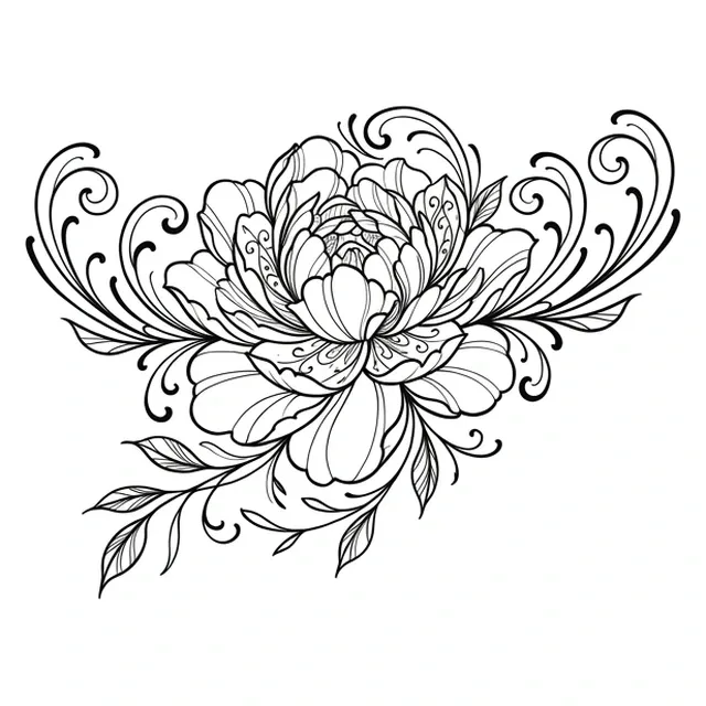Black and white fine line peony and leaf tattoo design, outline stencil