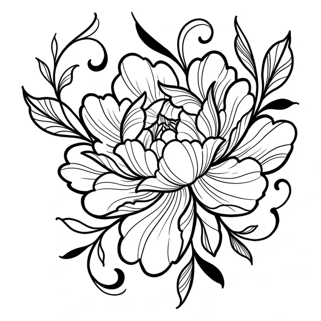 Black and white fine line peony and leaf tattoo design, outline stencil