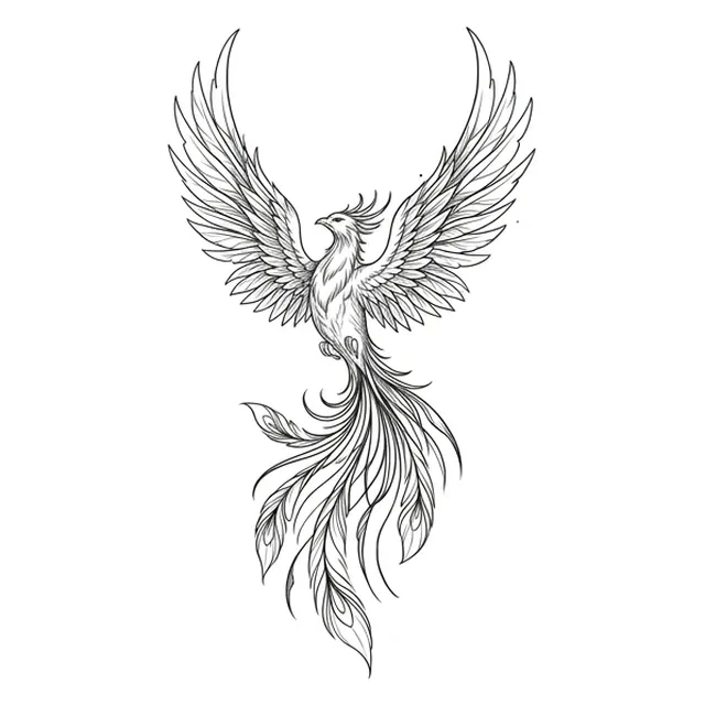 Black and white fine line phoenix tattoo design, outline stencil