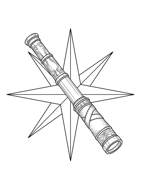 Black and white fine line pirate and spyglass tattoo design, outline stencil
