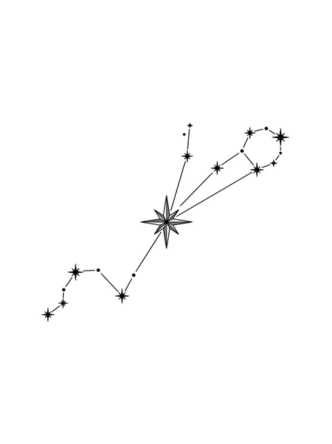 Black and white fine line pisces and constellation tattoo design, outline stencil