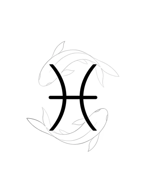 Black and white fine line fish and pisces tattoo design, outline stencil