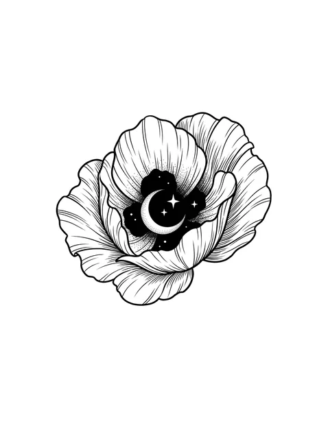 Black and white fine line poppy and moon tattoo design, outline stencil: an open bloom