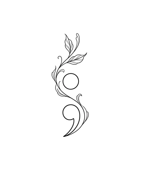 Black and white fine line semicolon and leaf tattoo design, outline stencil