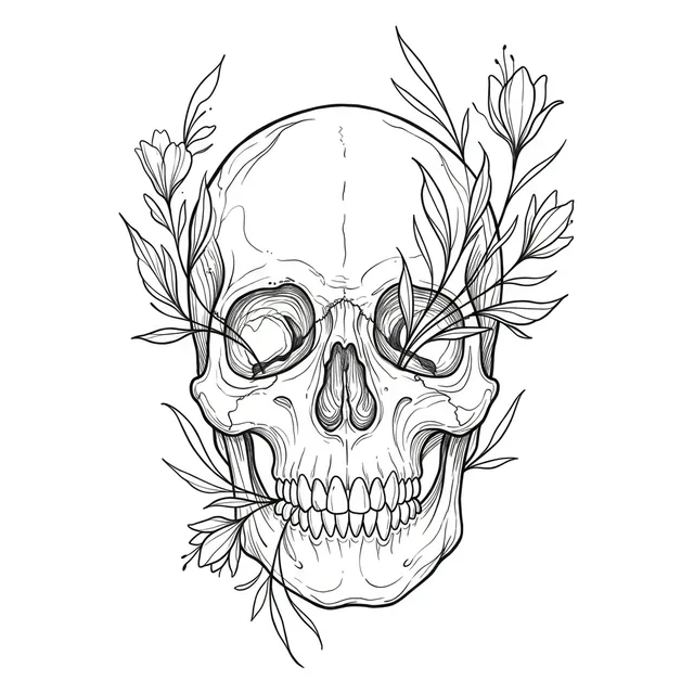Black and white fine line skull and flower tattoo design, outline stencil
