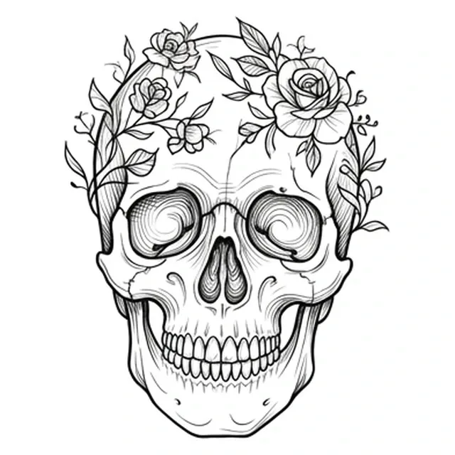 Black and white fine line skull and rose tattoo design, outline stencil