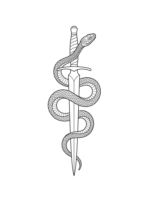 Black and white fine line snake and dagger tattoo design, outline stencil