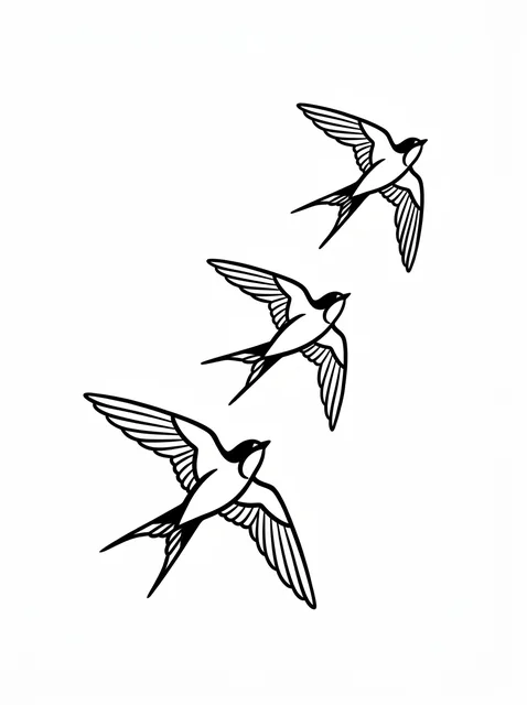 Tattoo-Vorlage mit einer Schwalbe, Stil: Fine Line, in Schwarz-Grau