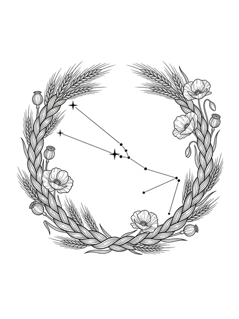 Black and grey fine line taurus and constellation tattoo design, outline stencil