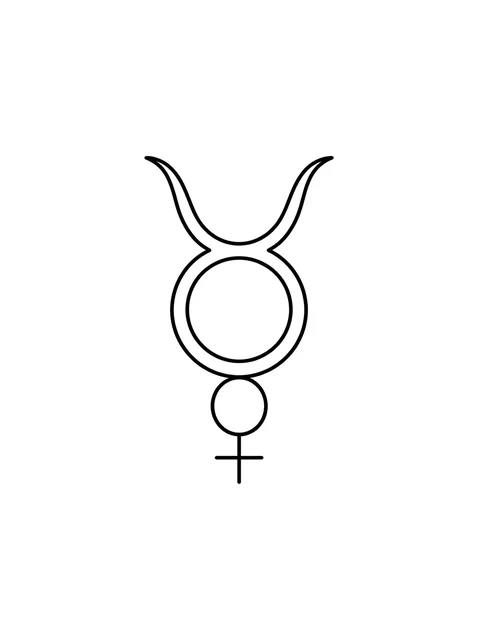 Black and white fine line taurus tattoo design, outline stencil: an upturned crescent on top