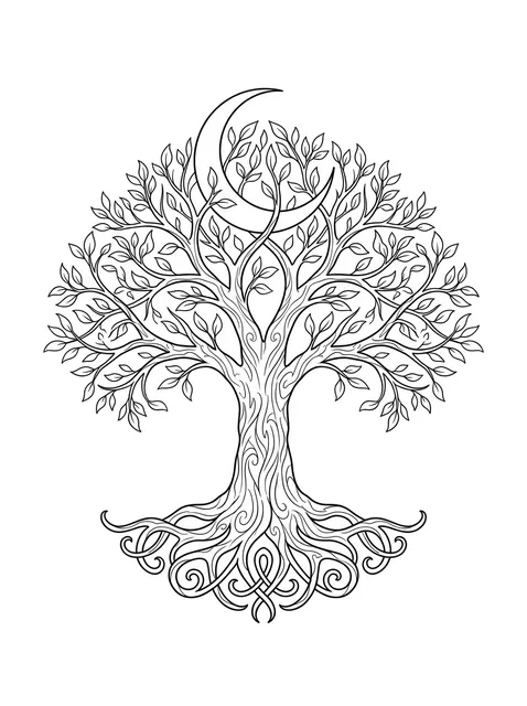 Black and white fine line tree of life and moon tattoo design, outline stencil