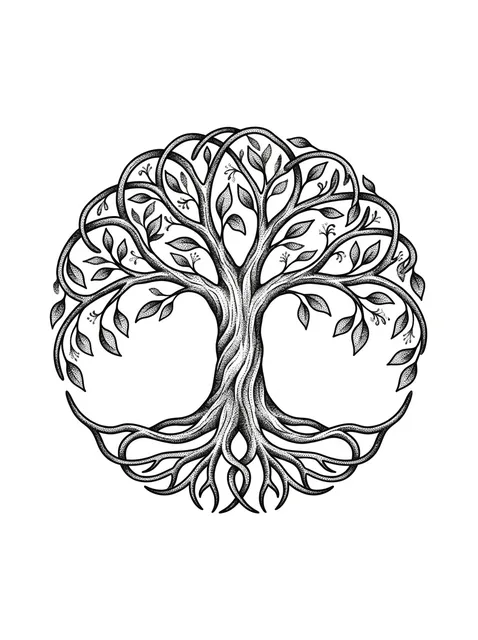 Black and grey fine line tree of life tattoo design, outline stencil