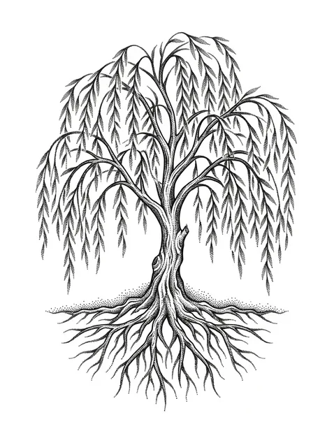 Black and white fine line tree of life tattoo design, outline stencil