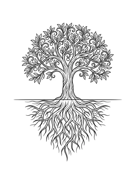 Black and white fine line tree of life tattoo design, outline stencil