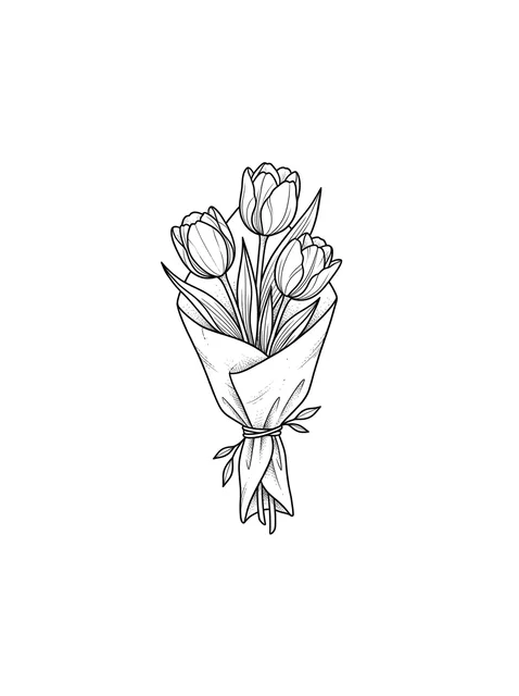 Black and white fine line tulip tattoo design, outline stencil