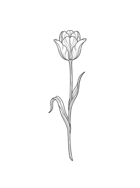 Black and grey fine line tulip tattoo design, outline stencil