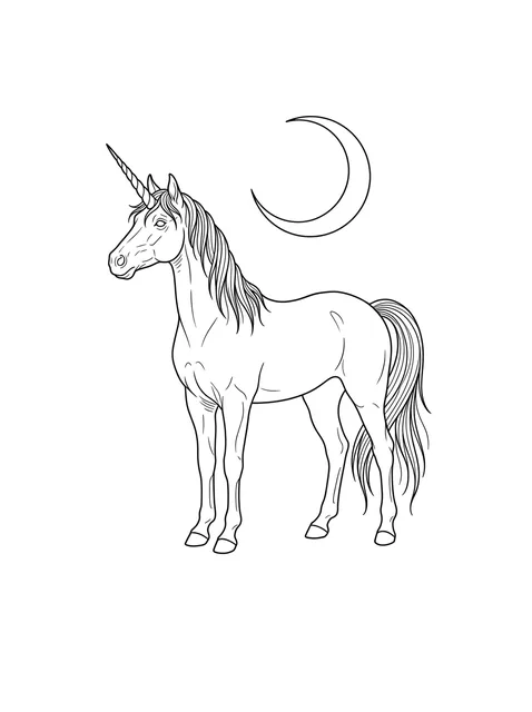 Black and white fine line unicorn and moon tattoo design, outline stencil