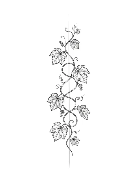 Black and white fine line vine and leaf tattoo design, outline stencil
