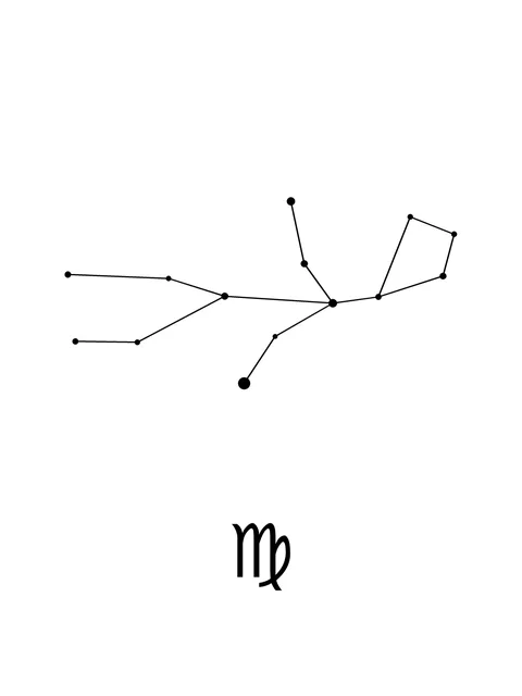 Diseño de tatuaje de virgo y constellation de estilo línea fina en negro y gris