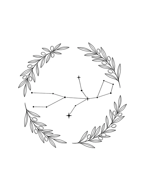 Black and white fine line virgo and constellation tattoo design, outline stencil